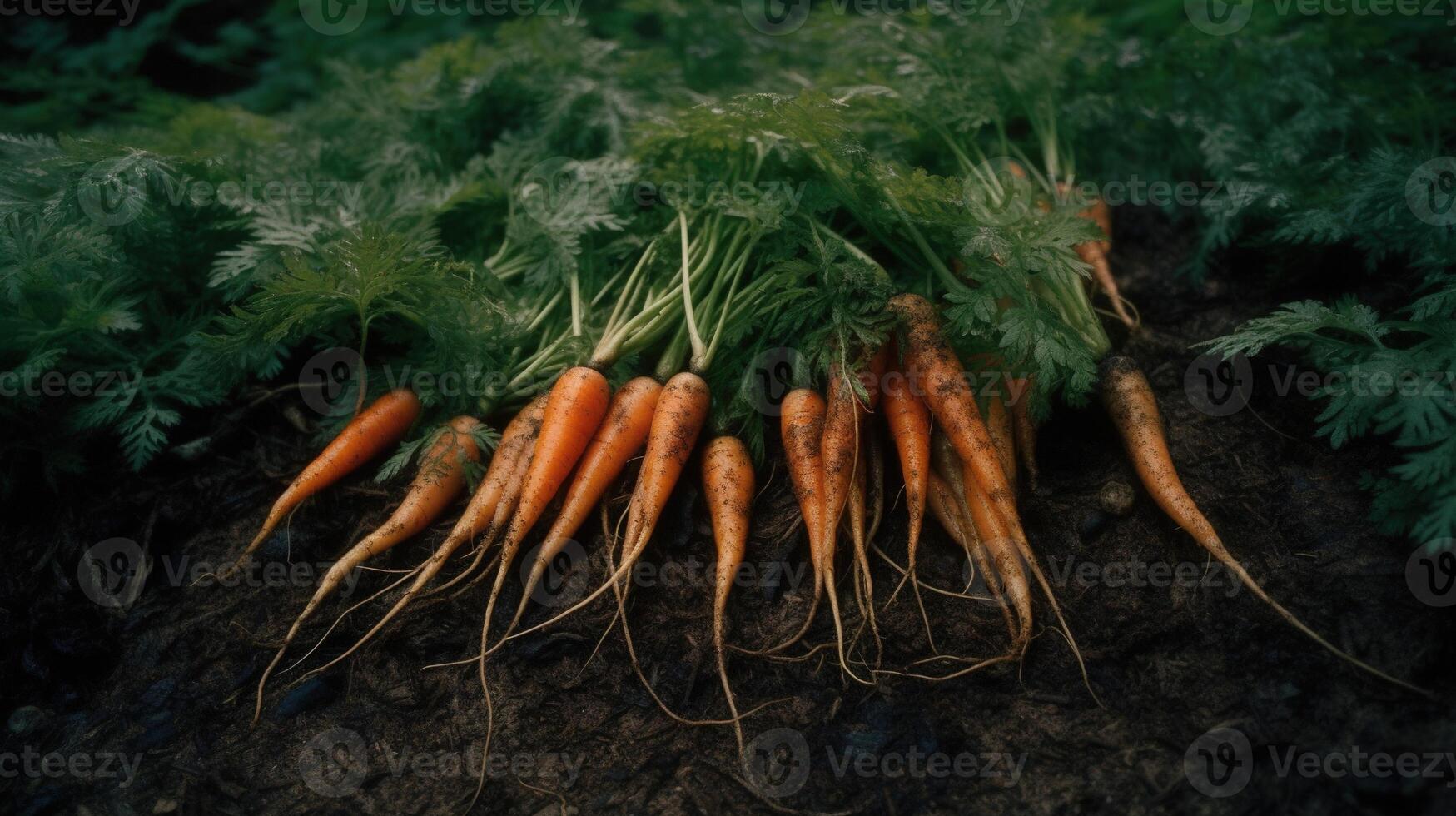 , Row of fresh carrots with green leafs on the ground, vegetables in the garden, a good harvest of eco products. photo