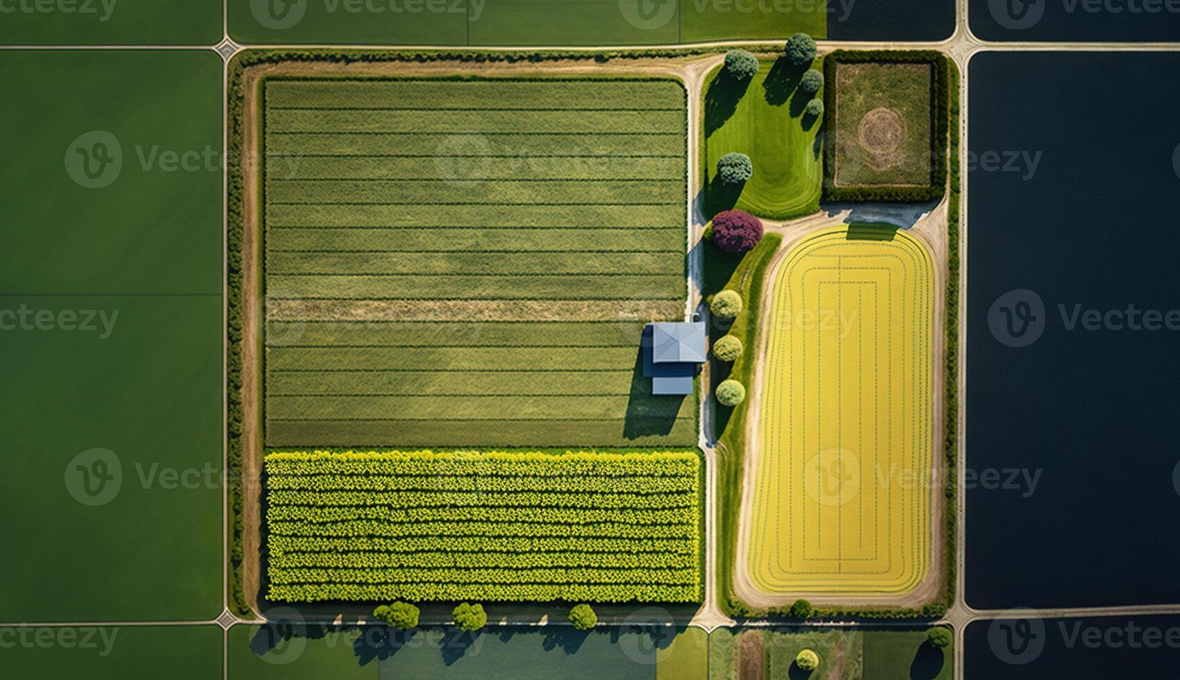 generativo ai, granja paisaje, agrícola trigo campos, hermosa campo, país la carretera. naturaleza ilustración, fotorrealista parte superior ver zumbido, horizontal bandera. foto