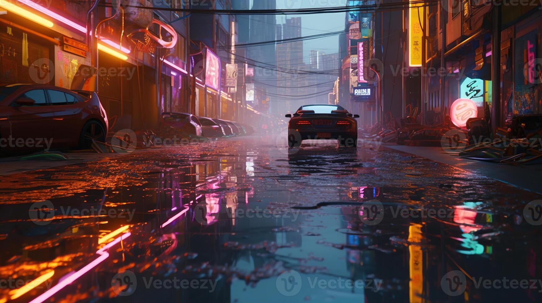 , Night scene of after rain city in cyberpunk style, futuristic nostalgic 80s, 90s. Neon lights vibrant colors, photorealistic horizontal illustration. photo
