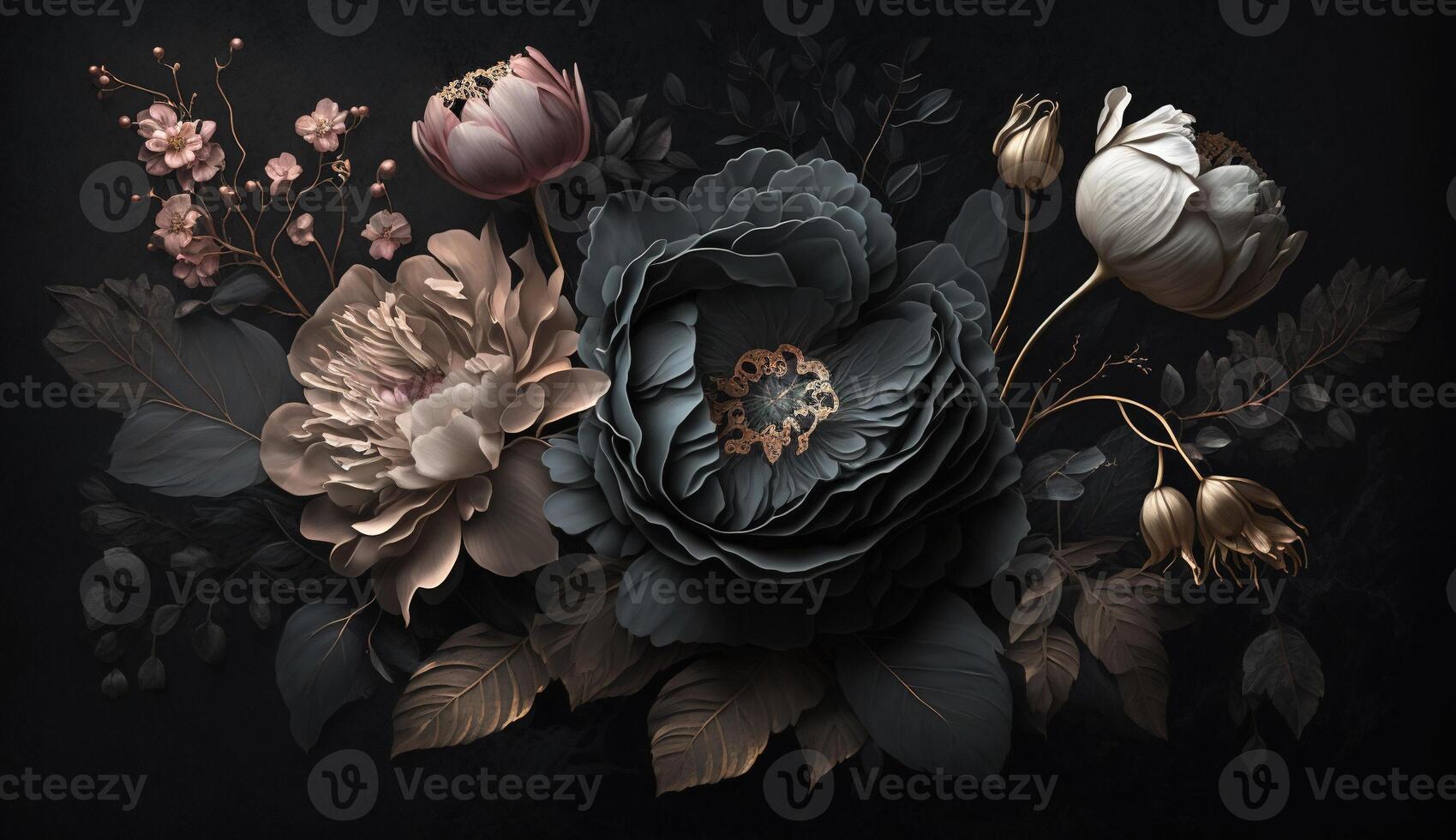 , Close up of blooming flowerbeds of amazing black flowers on dark gothic moody floral textured background. Photorealistic effect. photo