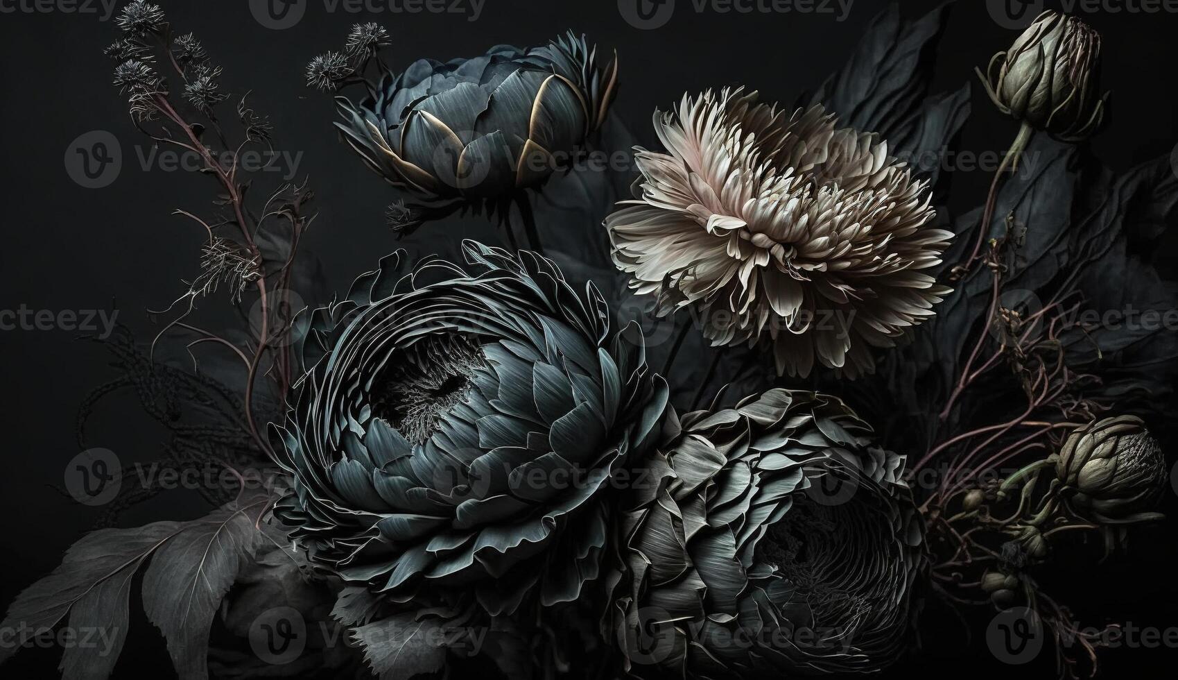 , Close up of blooming flowerbeds of amazing black flowers on dark gothic moody floral textured background. Photorealistic effect. photo