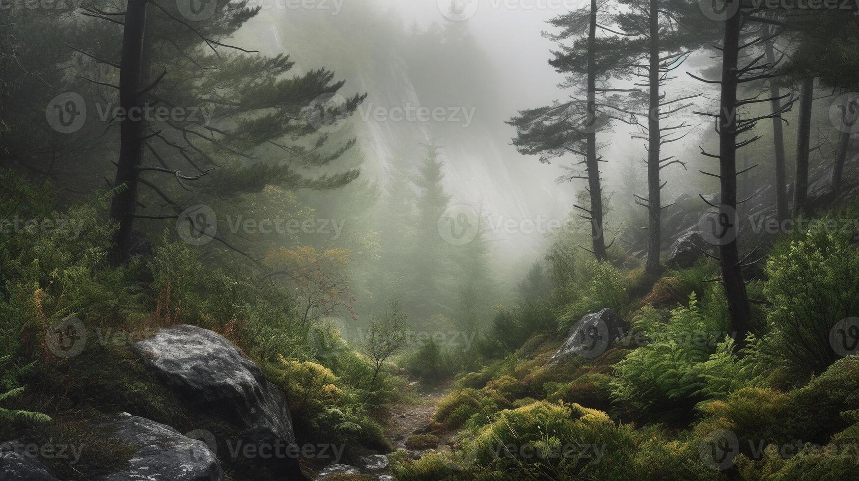 , Misty fir forest beautiful landscape in hipster vintage retro style, foggy mountains and trees photo