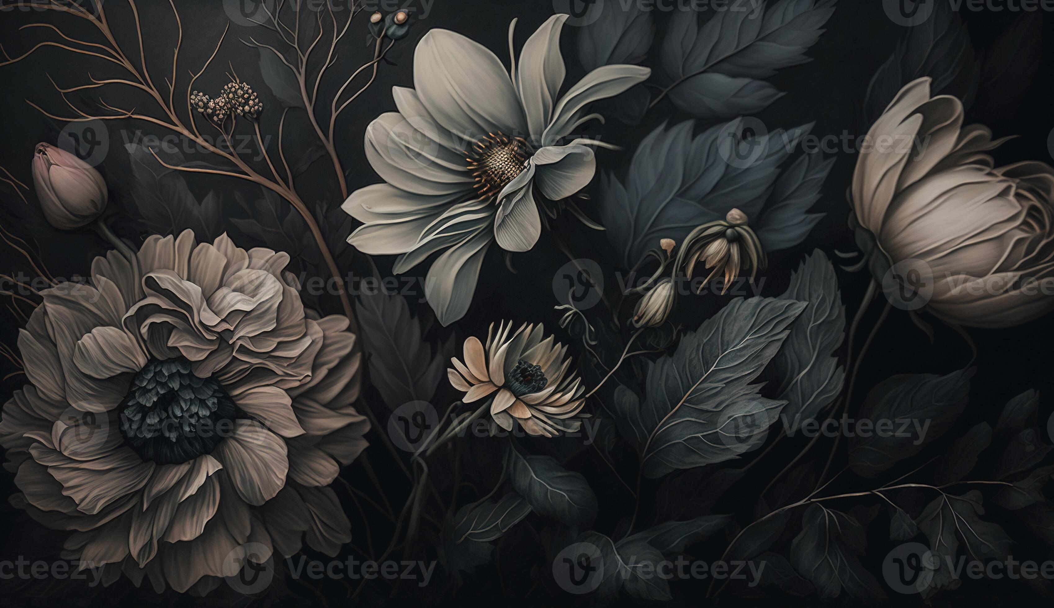 Generative AI, Close up of blooming flowerbeds of amazing black flowers