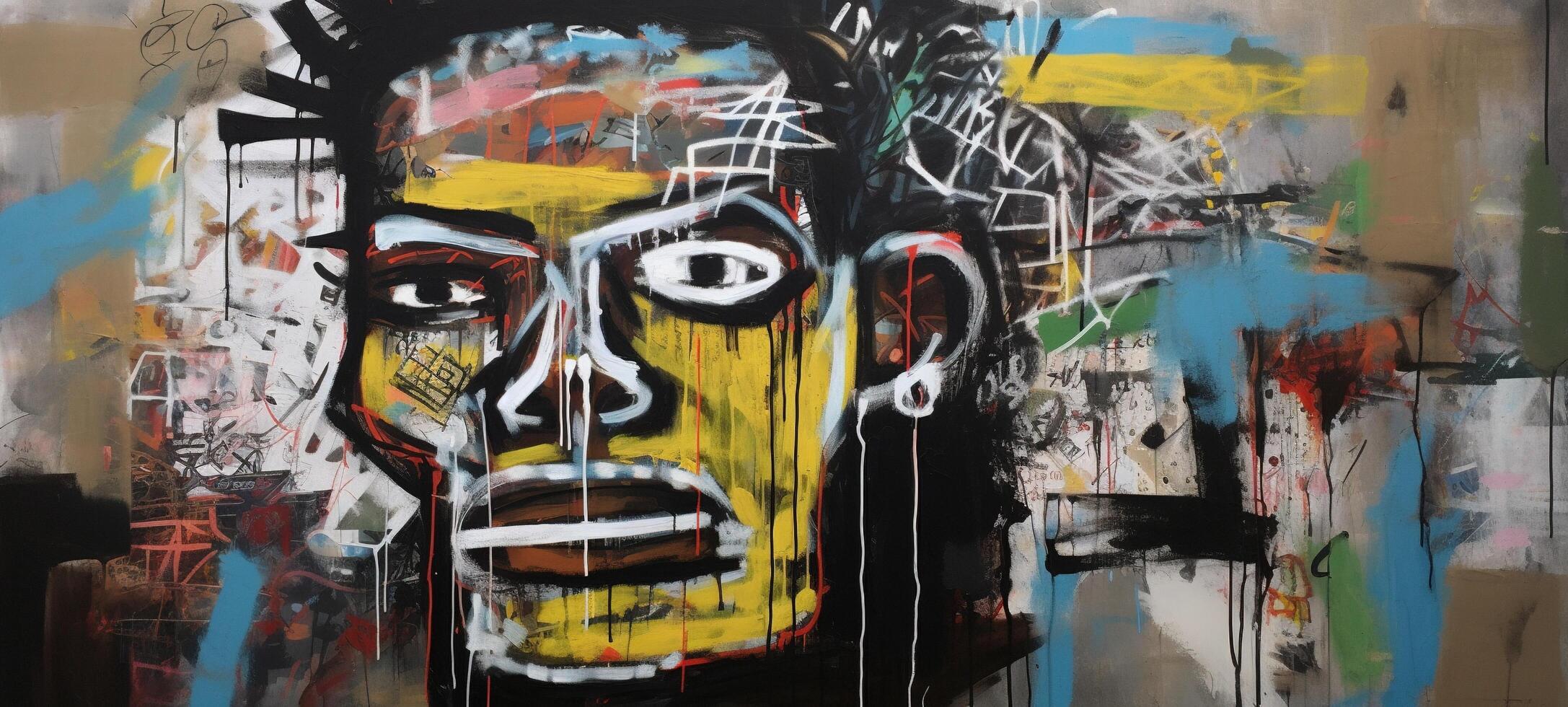 , street graffiti abstract art with ugly face on a textured wall vintage background, inspired by Jean-Michel Basquiat, New York urban style. photo