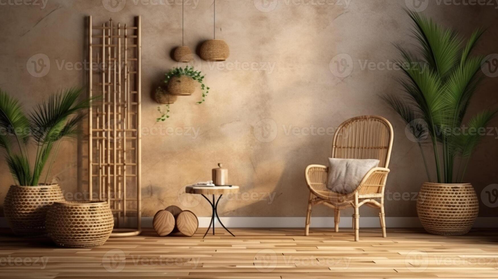 , Eco wooden room with plants with natural furniture, boho ethnic chic style interior design photo