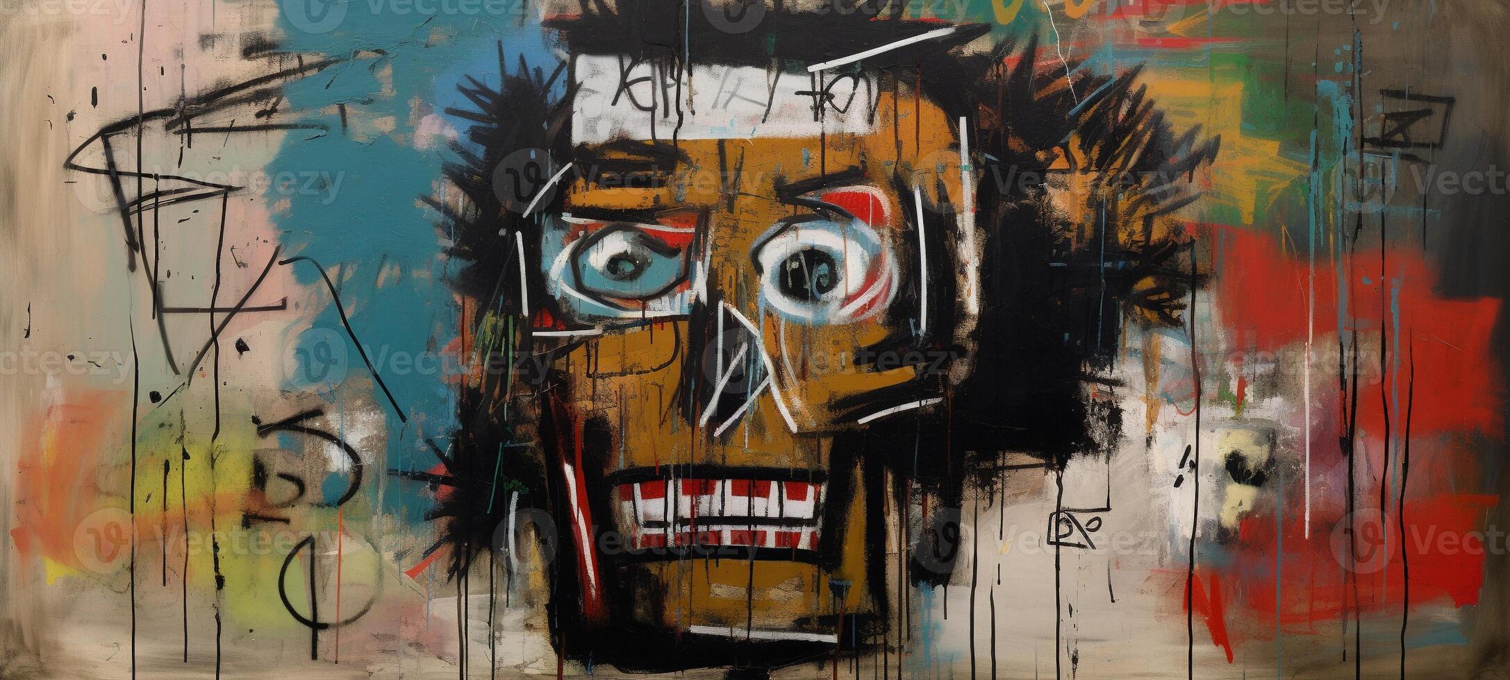 , street graffiti abstract art with ugly face on a textured wall vintage background, inspired by Jean-Michel Basquiat, New York urban style. photo