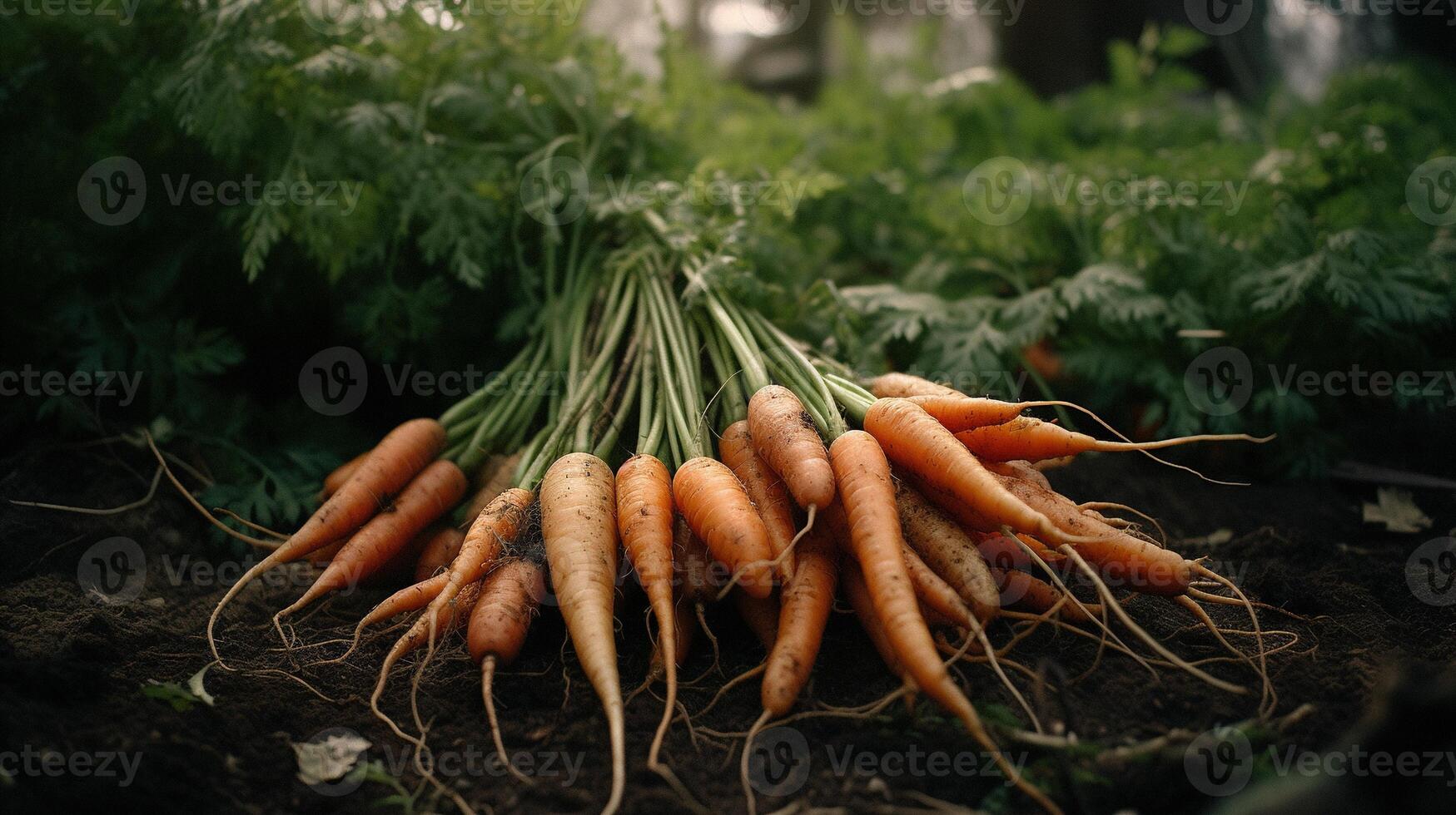 , Row of fresh carrots with green leafs on the ground, vegetables in the garden, a good harvest of eco products. photo