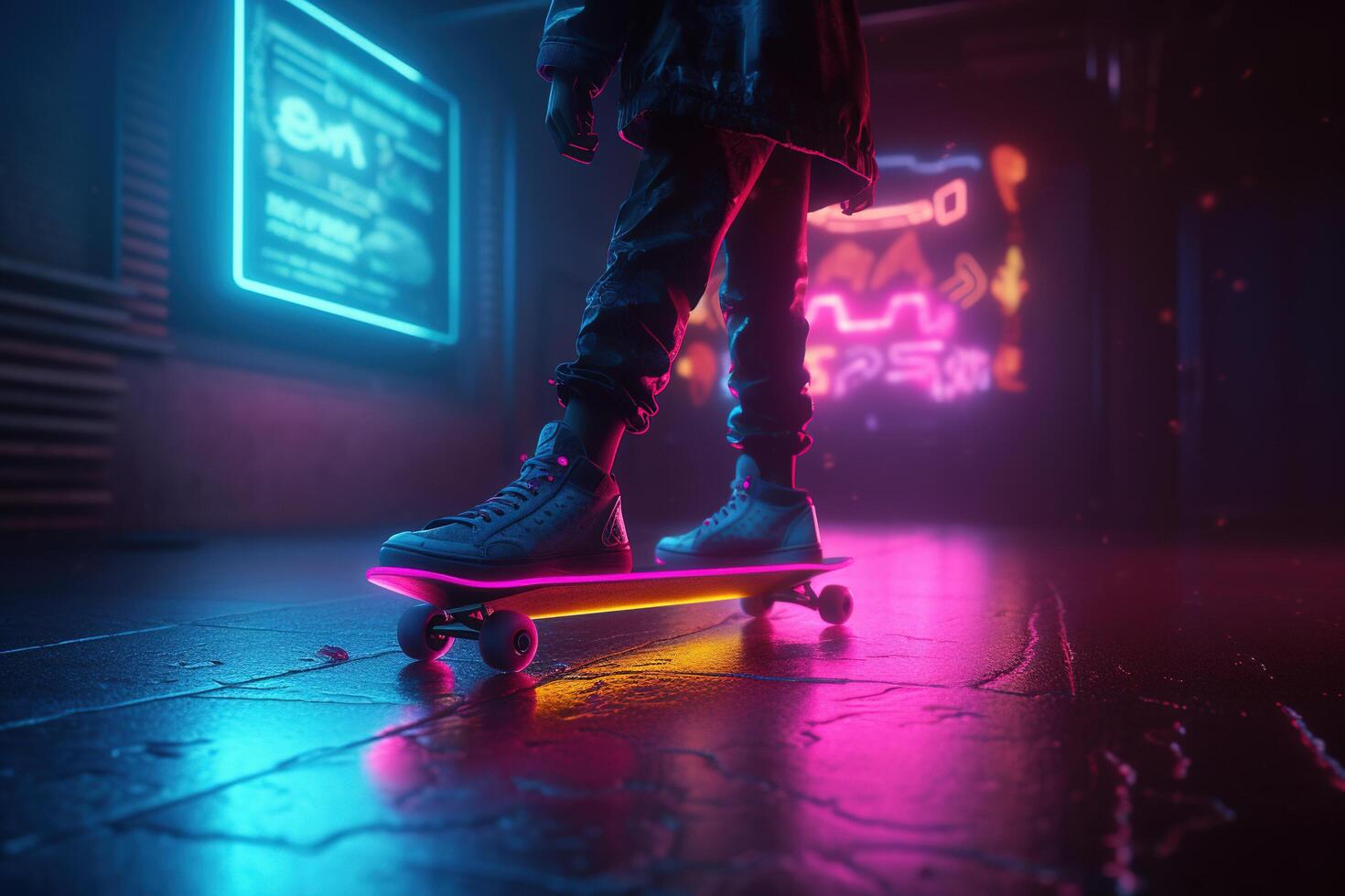 , skate board in cyberpunk style, disco nostalgic 80s, 90s. Neon night lights vibrant colors, photorealistic horizontal illustration of the futuristic city. Sport activity concept. photo