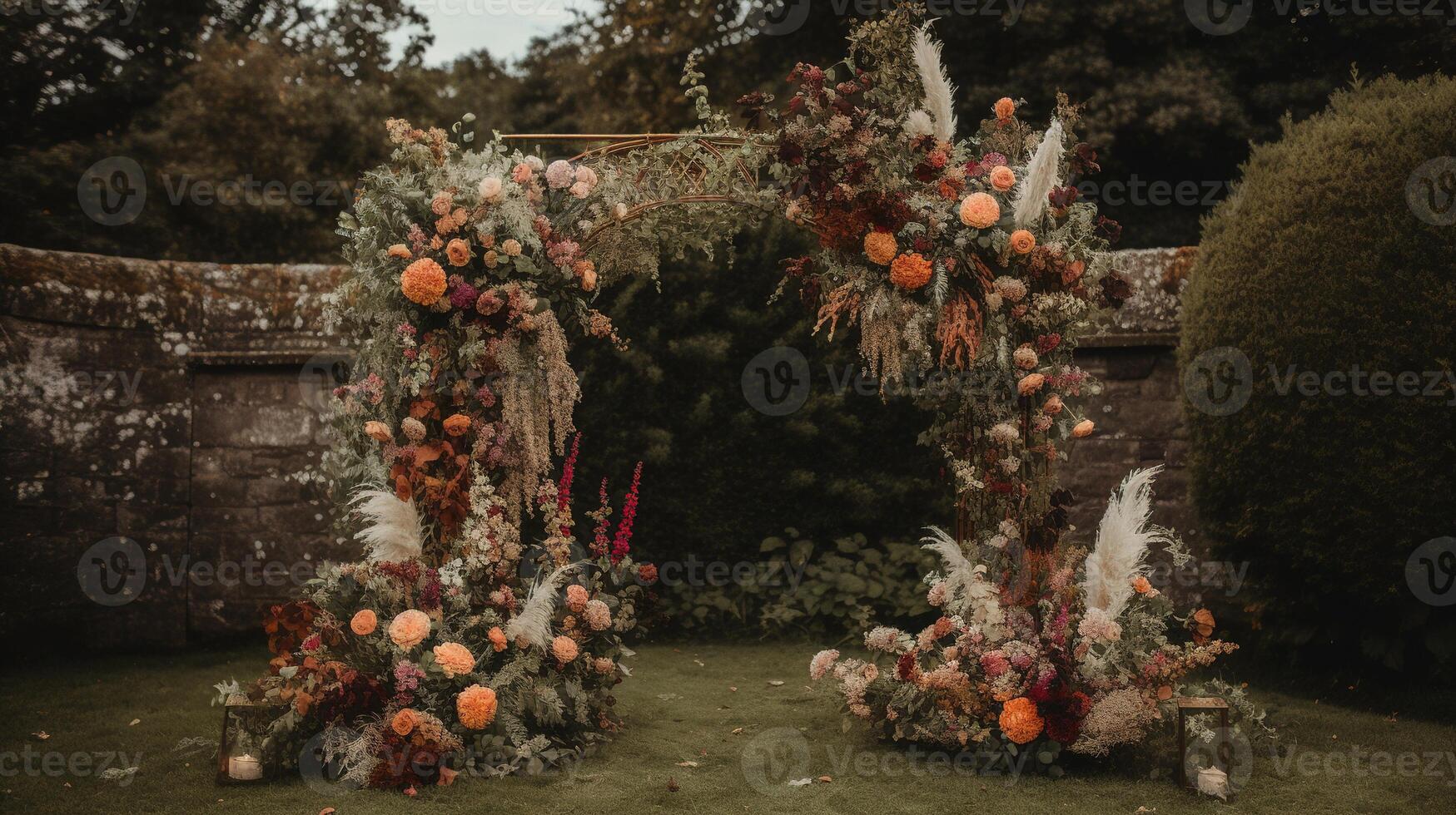 , Wedding ceremony boho rustic style arch with flowers and plants, flower bouquets. photo