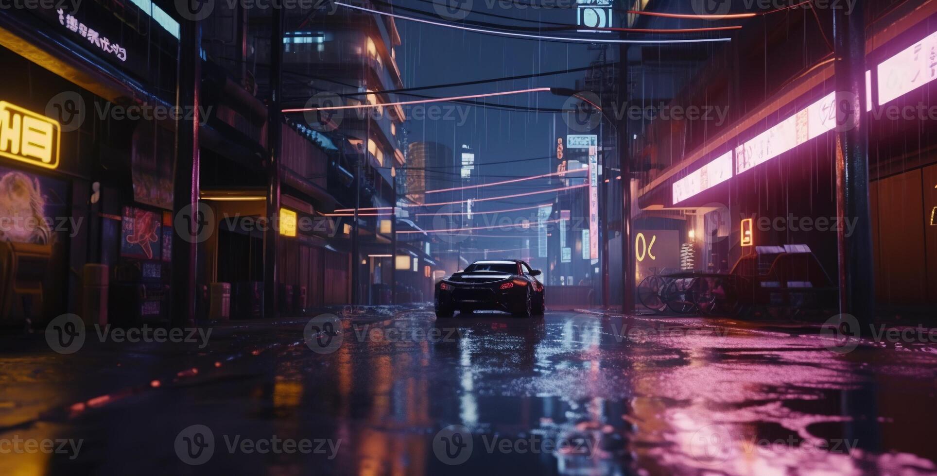 , Night scene of after rain city in cyberpunk style, futuristic nostalgic 80s, 90s. Neon lights vibrant colors, photorealistic horizontal illustration. photo