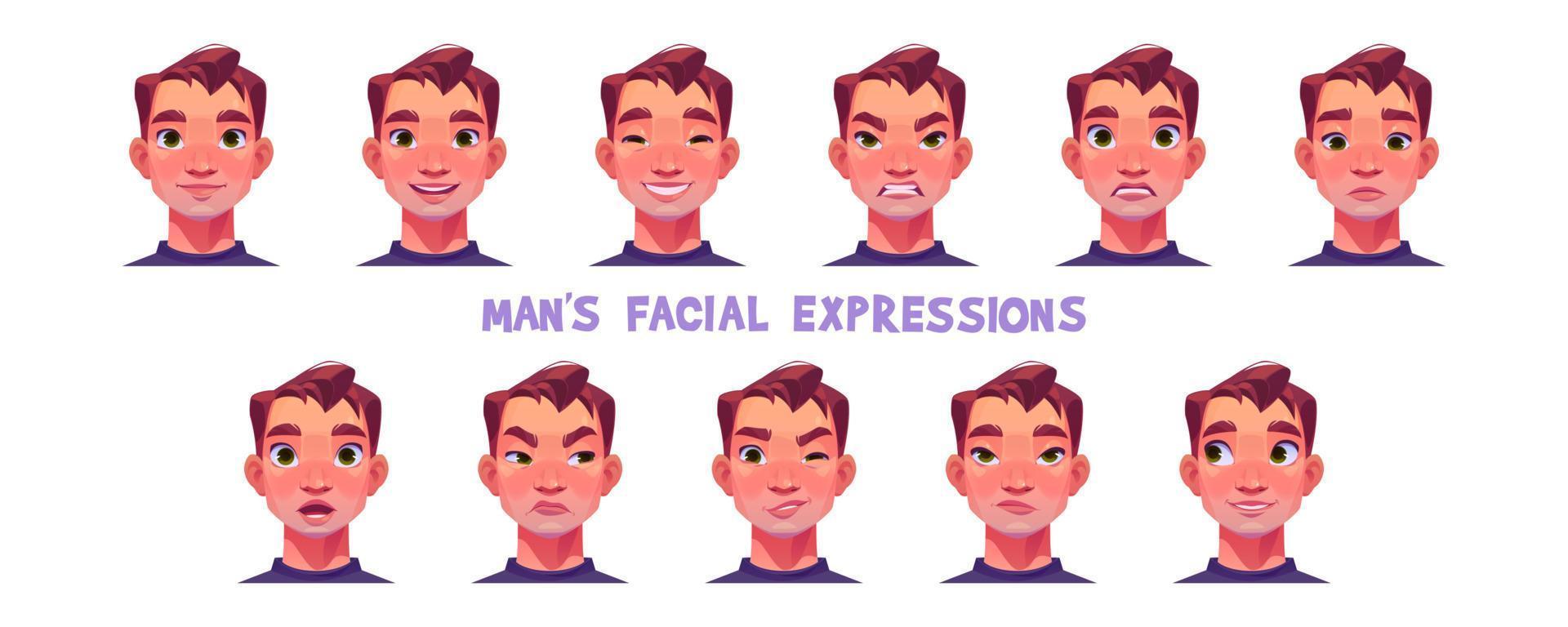 Man character face, sad, happy and angry vector