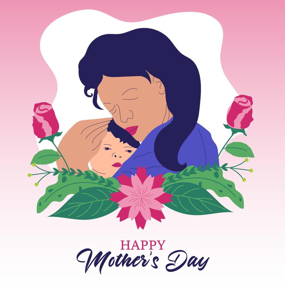 Mother's Day Flat Vector Illustration With Kid and Floral Elements For Social Media Post Cards And Banner