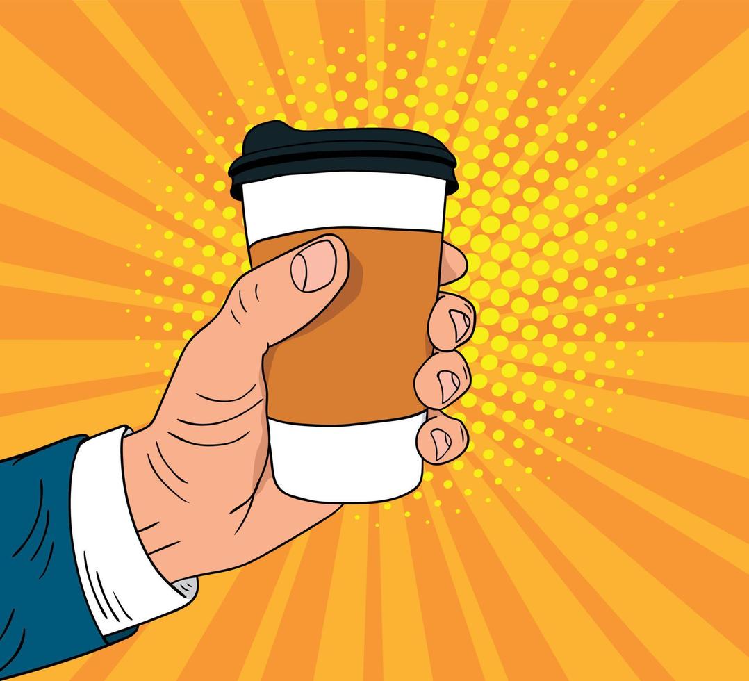 Hand holding a paper cup of coffee banner in pop art style design vector