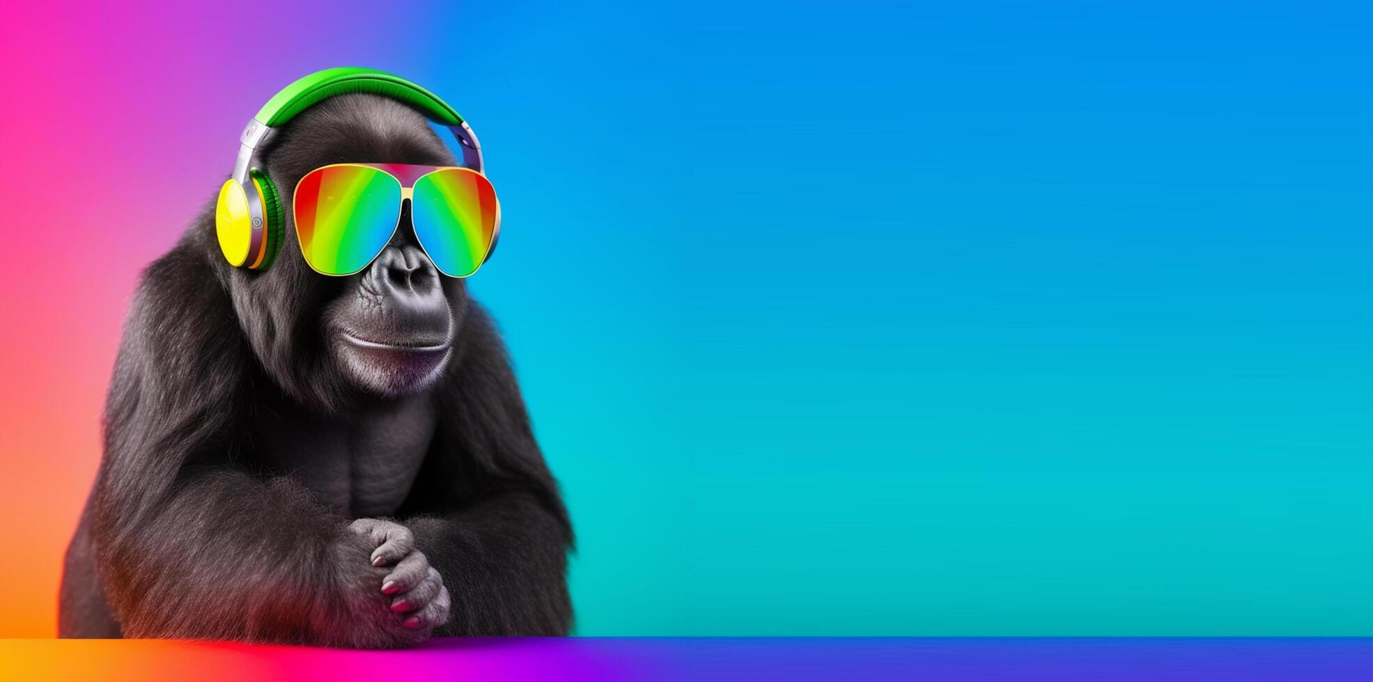 close up portrait of gorilla wearing glasses and headset, pleasant smile expression, listening to music concept happily, on colorful copy space background. photo