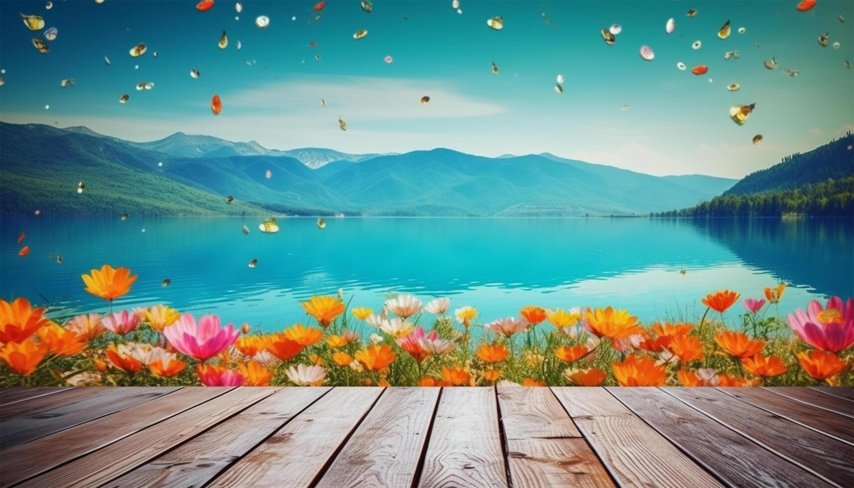 empty wooden table decorated with colorful flowers. Blurred lake and mountain view background. copy space. For product displays. templates, media, printing, etc., generate ai photo