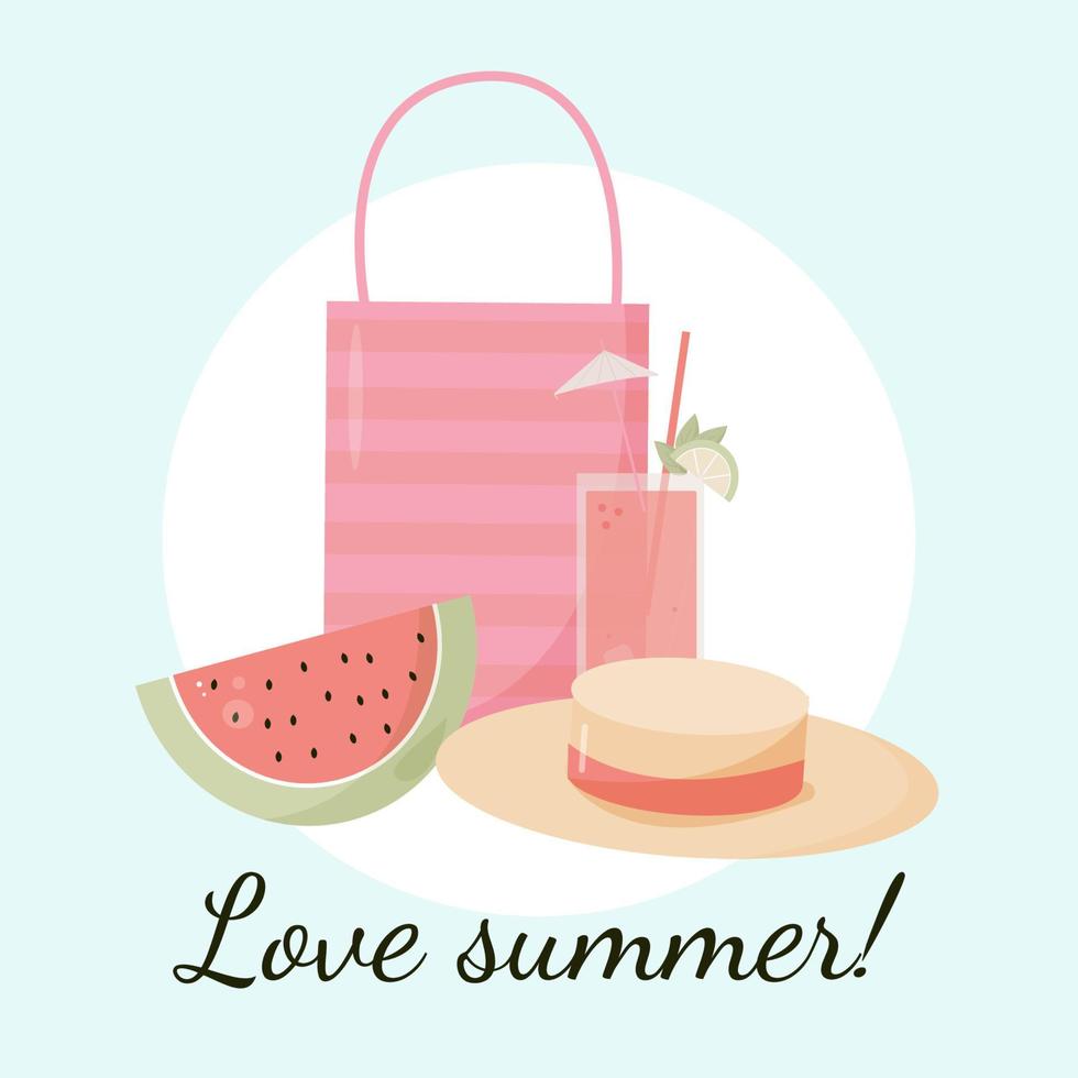 vector summer card Love summer with beach bag, watermelon, summer cocktail, and hat