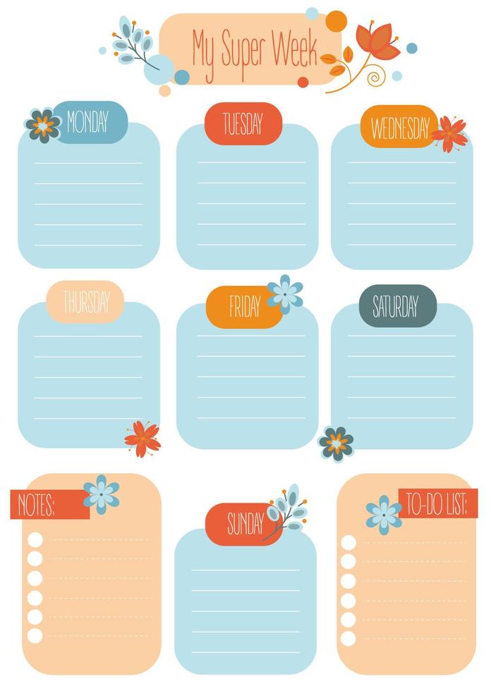 vector week planner with plans for days, notes and to do list with pretty flowers
