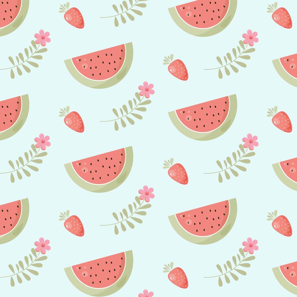 vector summer pattern with cute watermelon, strawberry and flower