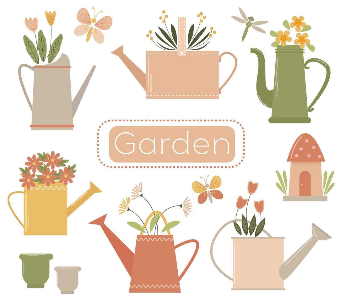 vector summer garden set with cute color funnel and flowers