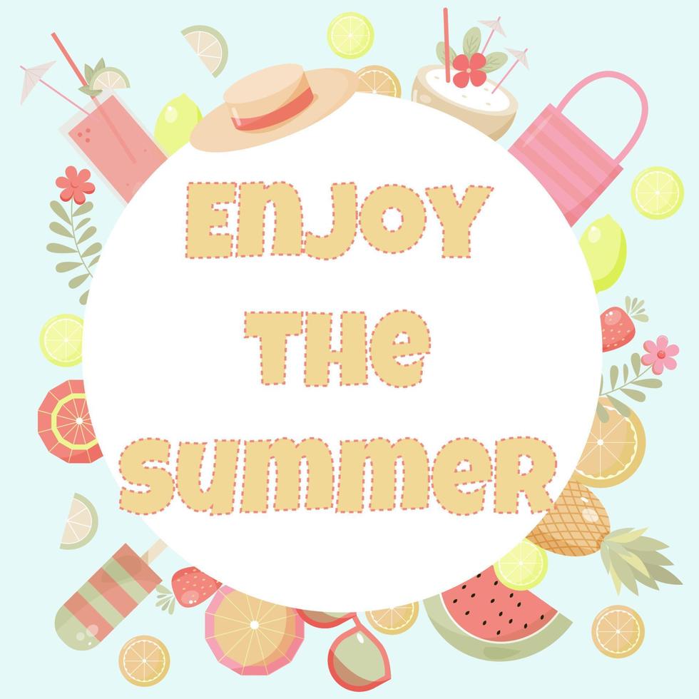 vector verano tarjeta disfrutar verano con linda hielo crema, bebidas, frutas, lentes y flores