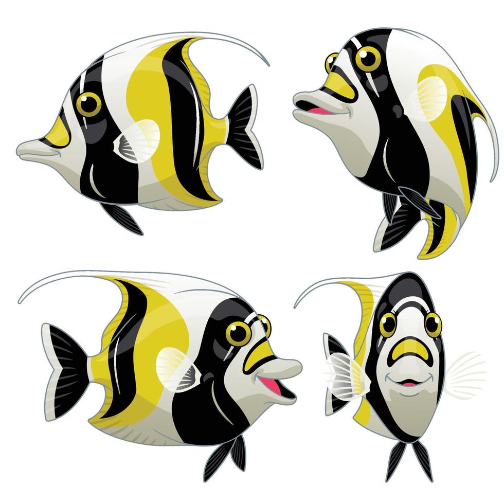 Cartoon Set of Moorish Idol Fish in Various Poses vector