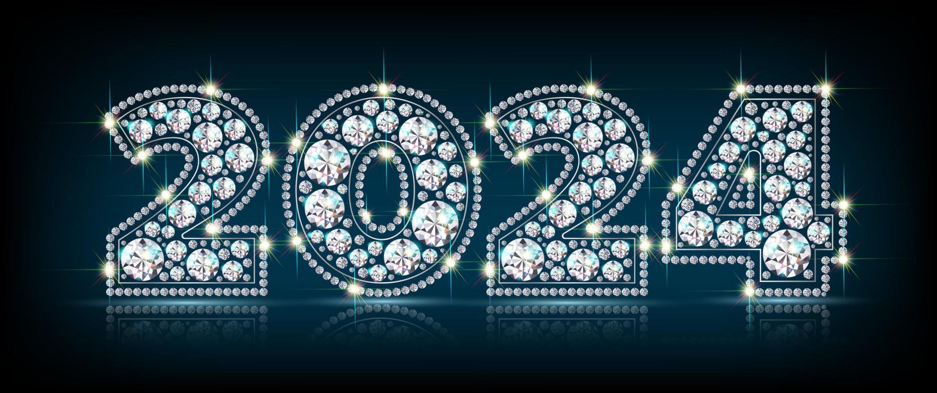 New year 2024 luxury diamond gemstone numbers. Black background with blue glow, 3d realistic vector illustration.