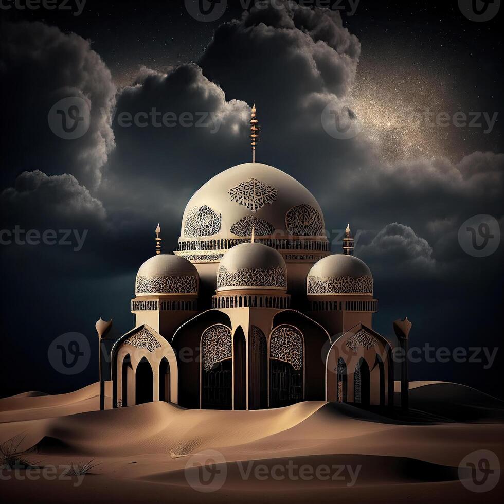 Beautiful islamic mosque under the dramatic cloudy sky at night photo