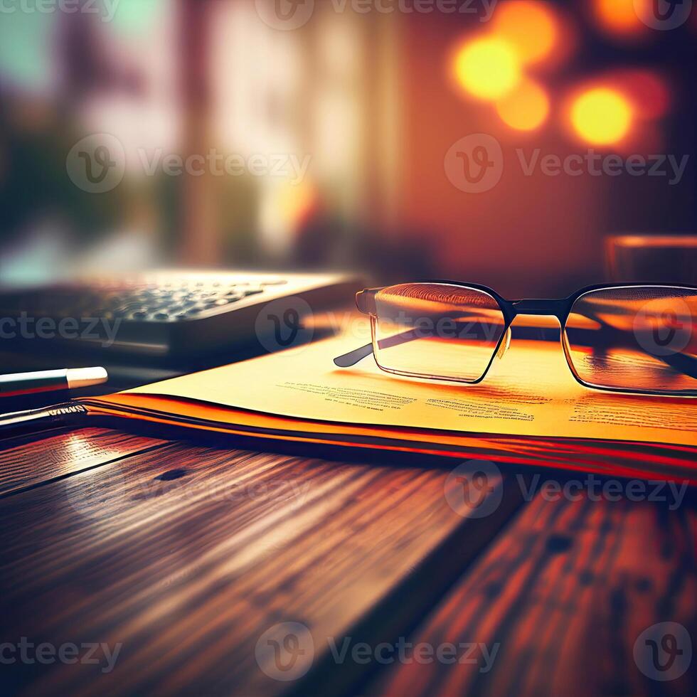 Selective focused business document on the wooden textured desk under an old glass photo