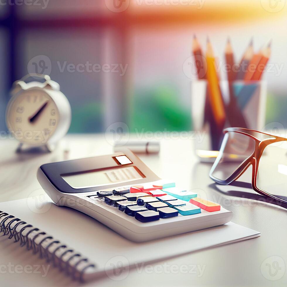 Accounting stationary on a white desk inside of an office photo