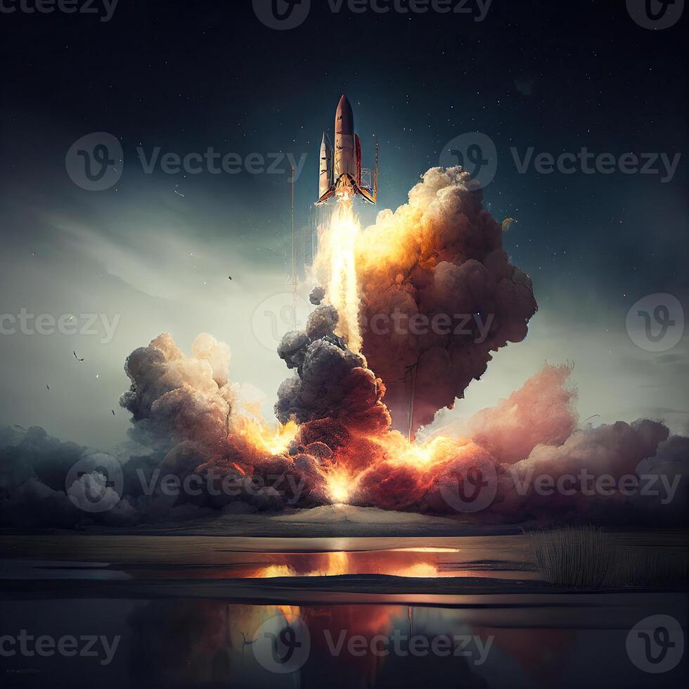 Rocket launching on the launchpad with spread smoke and fire exploration photo