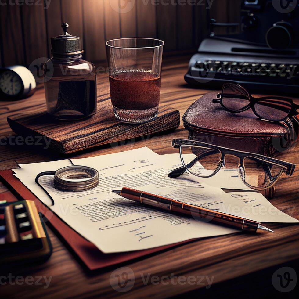 Business document and stationary on the wooden textured desk photo