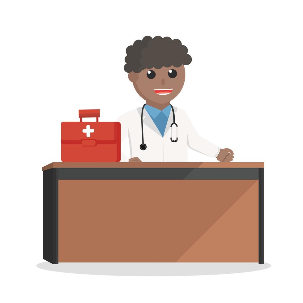 médico africano en pie a el mesa diseño personaje en blanco antecedentes vector
