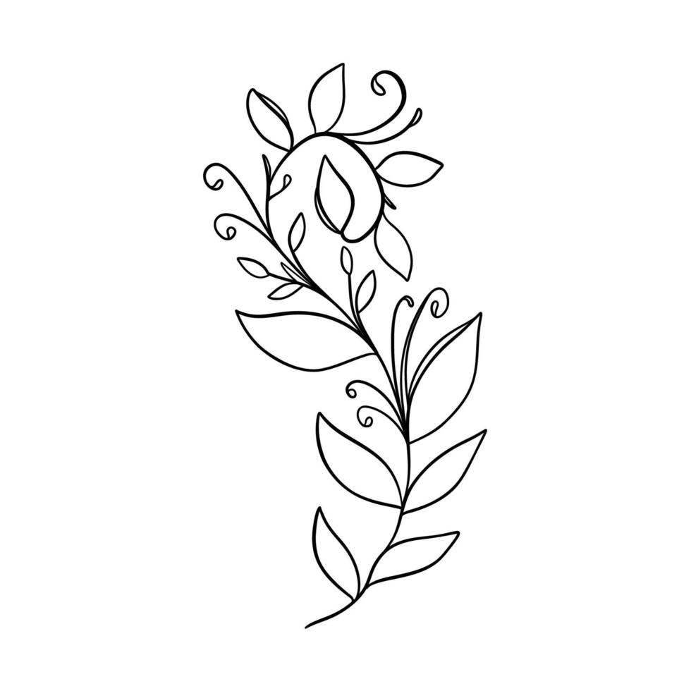 Digital illustration of a cute black outline doodle spring theme frame twig with leaves in scandinavian style. Print for clothes, poster, banner, postcard, web design, coloring. vector