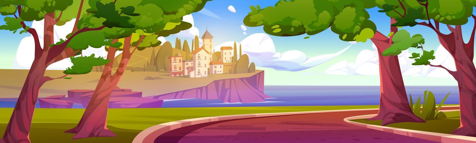 Summer sea coast with italian village on cliff. vector