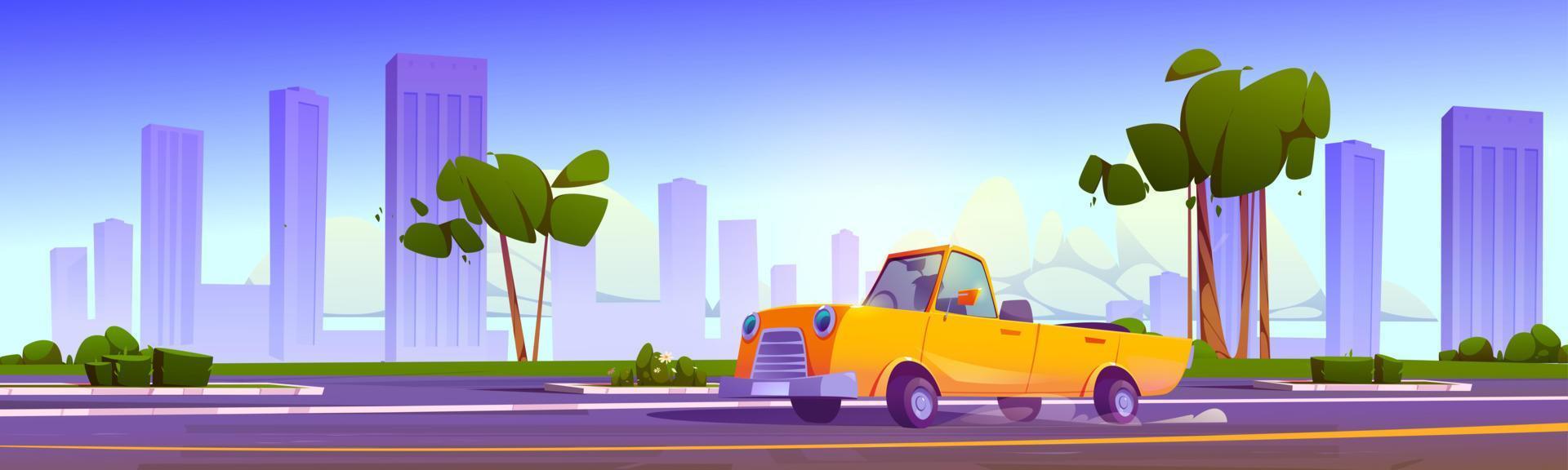 Luxury convertible and road cartoon city landscape vector