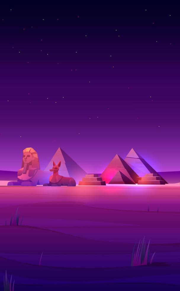 Egyptian night desert pyramids, sphinx and Anubis vector