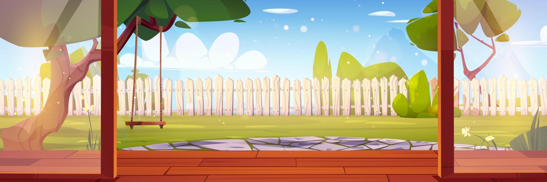 Cartoon backyard view from open glass door vector