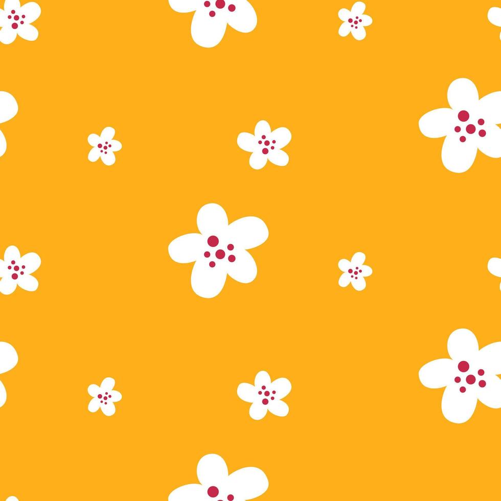 Seamless pattern cute simple white flowers with crimson dots on a bright yellow background vector