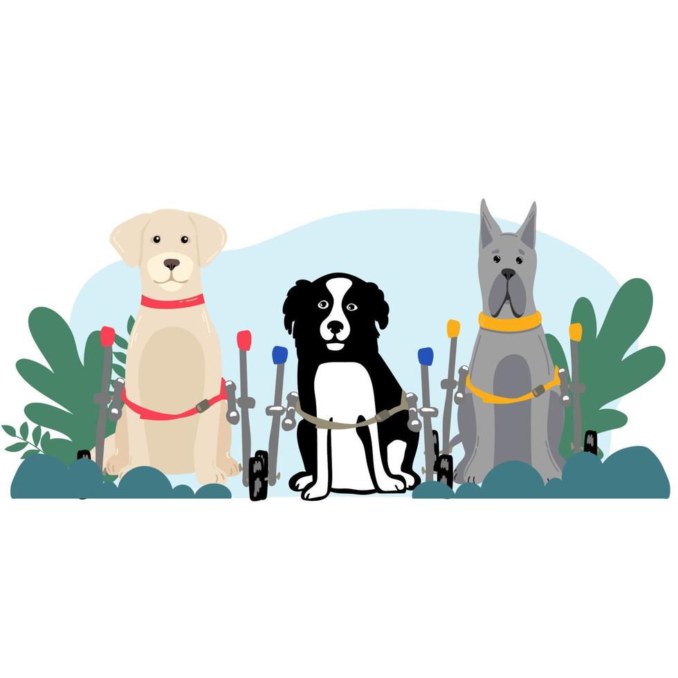 perro en un silla de ruedas para el posterior patas vector ilustración en un plano estilo