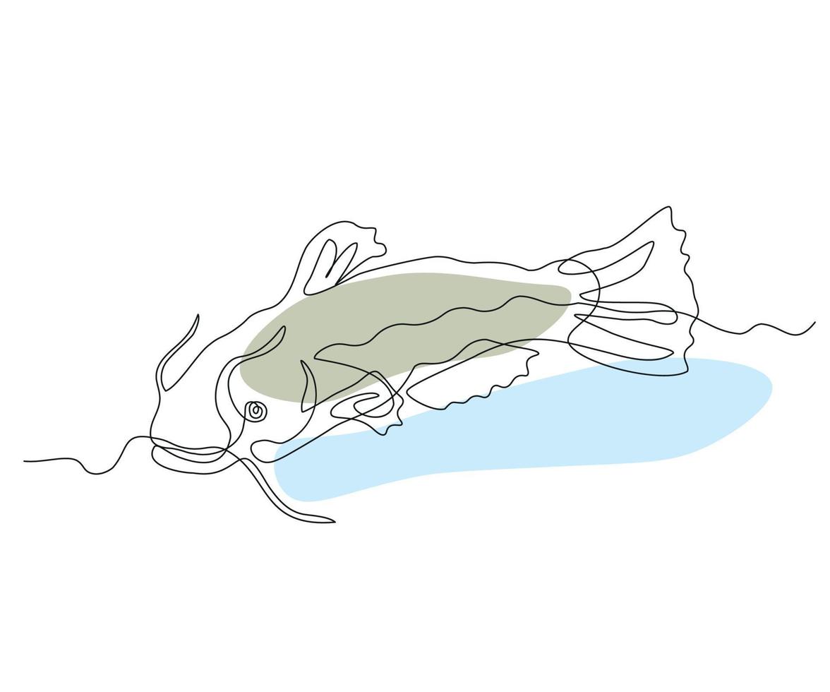 abstract Predatory Fish with Whiskers, Catfish Continuous One Line Drawing vector