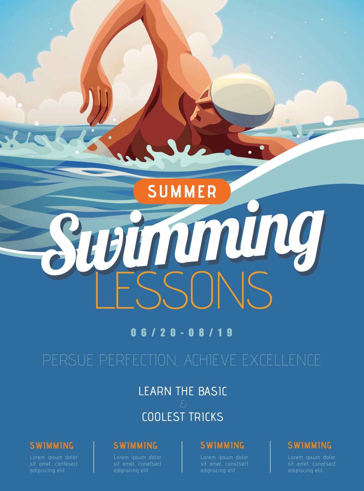Swimming lesson promotion poster in flat style, with professional