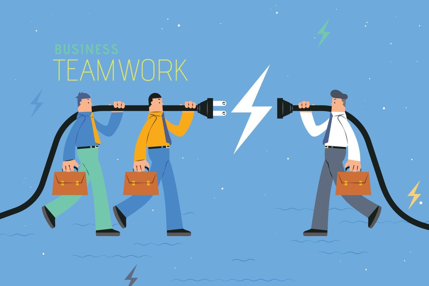 Business teamwork concept flat design, businessmen holding plug and outlet towards each other vector