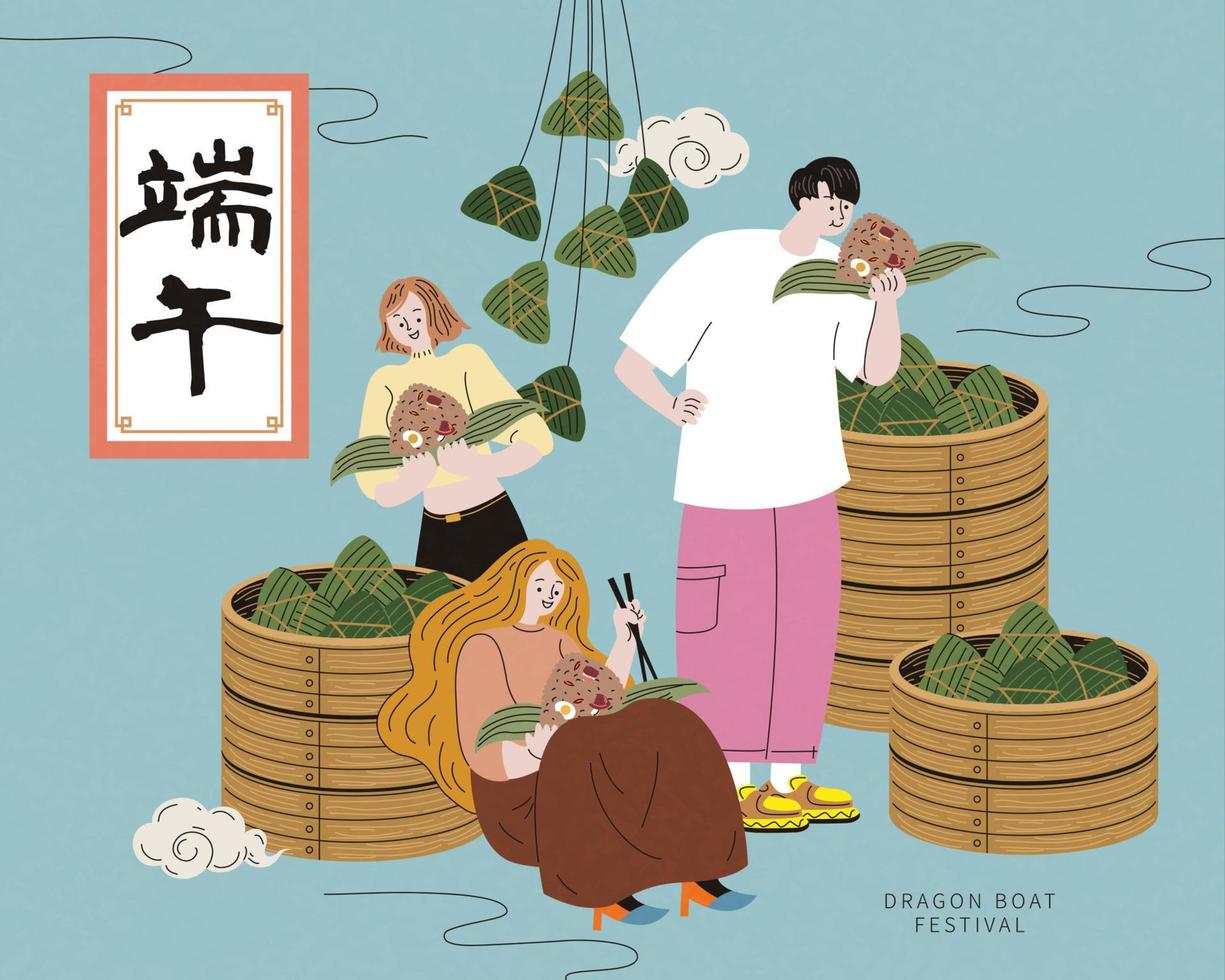 amigos disfrutando delicioso zongzi juntos con apilado arriba bambú vapores en azul fondo, duanwu fiesta nombre escrito en chino palabras vector