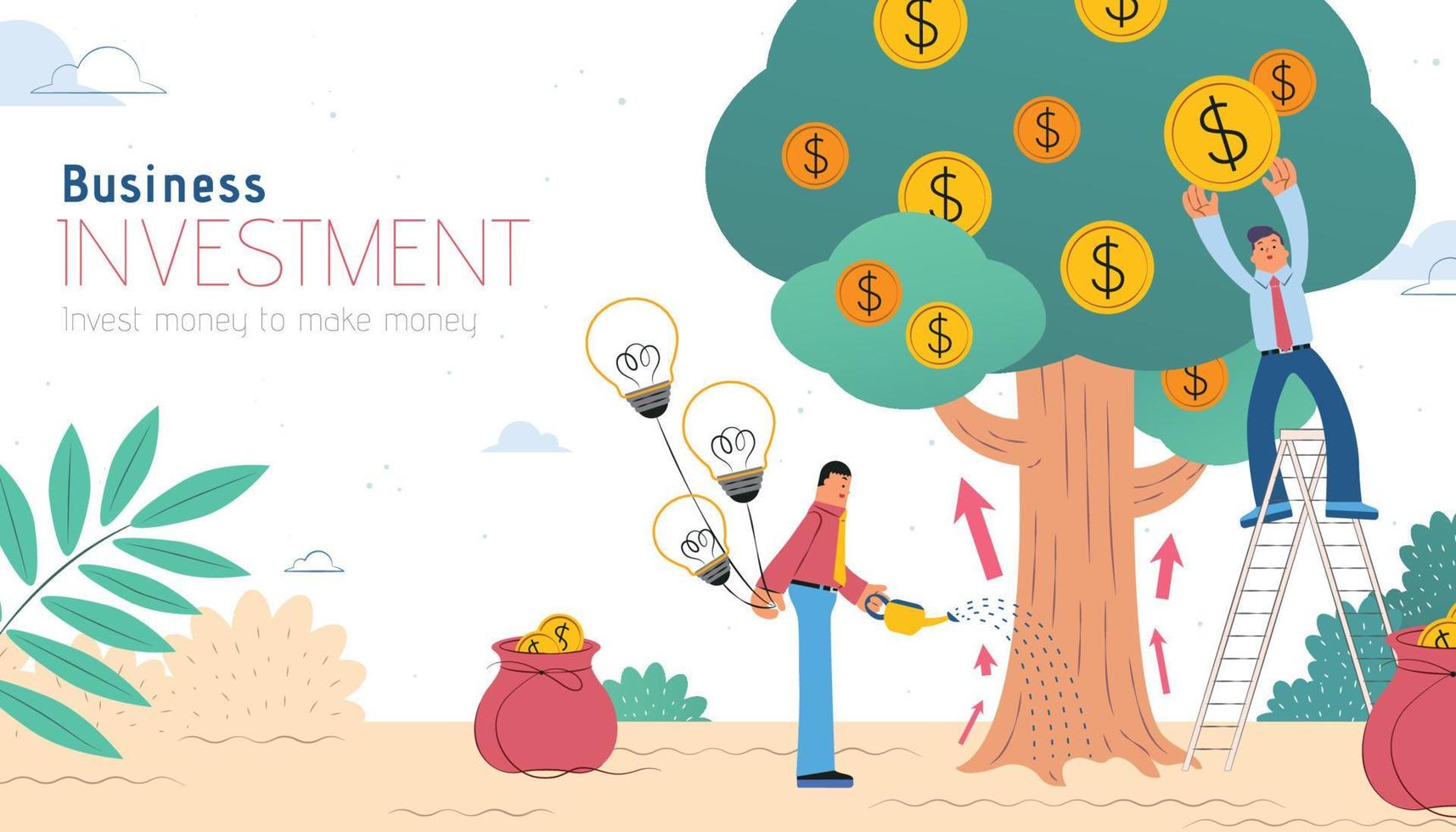 Business investment concept flat design, businessmen watering money tree and get coins from it, revenue and income metaphor illustration vector