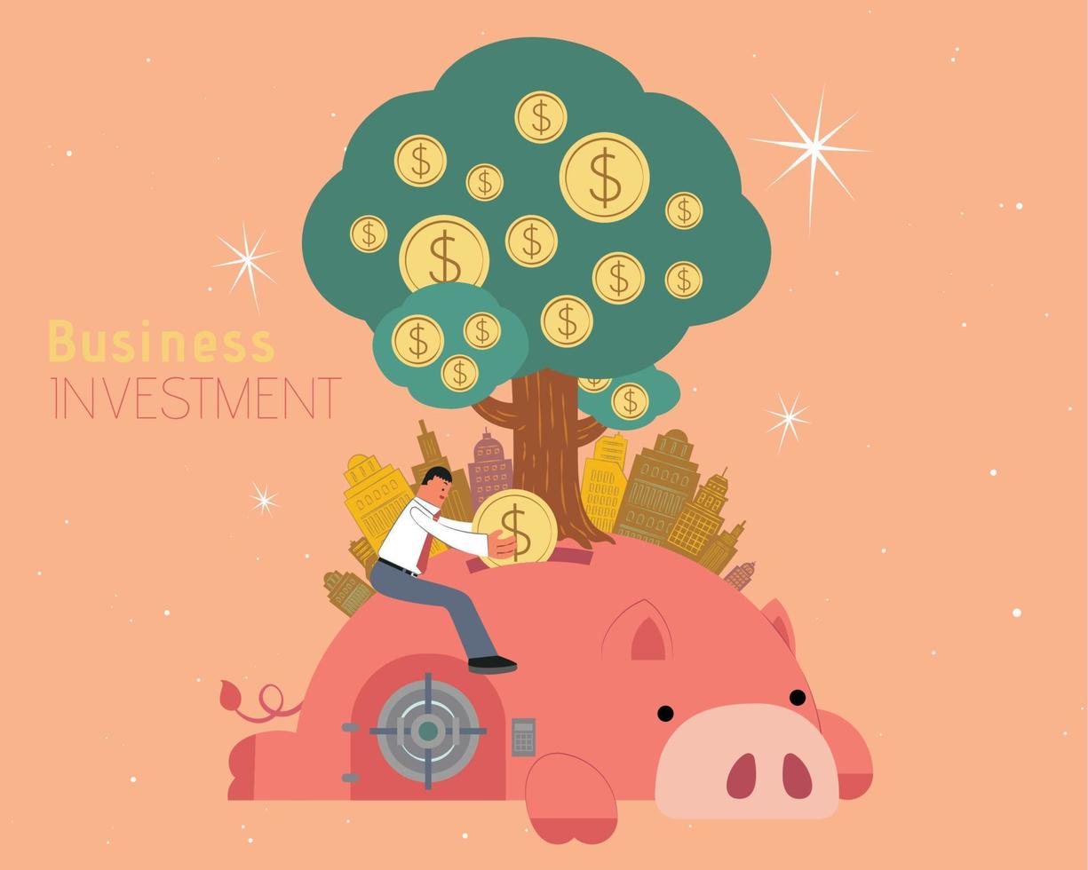 Businessman putting a coin into piggy bank which means investment concept, money tree and city upon the lovey pig vector