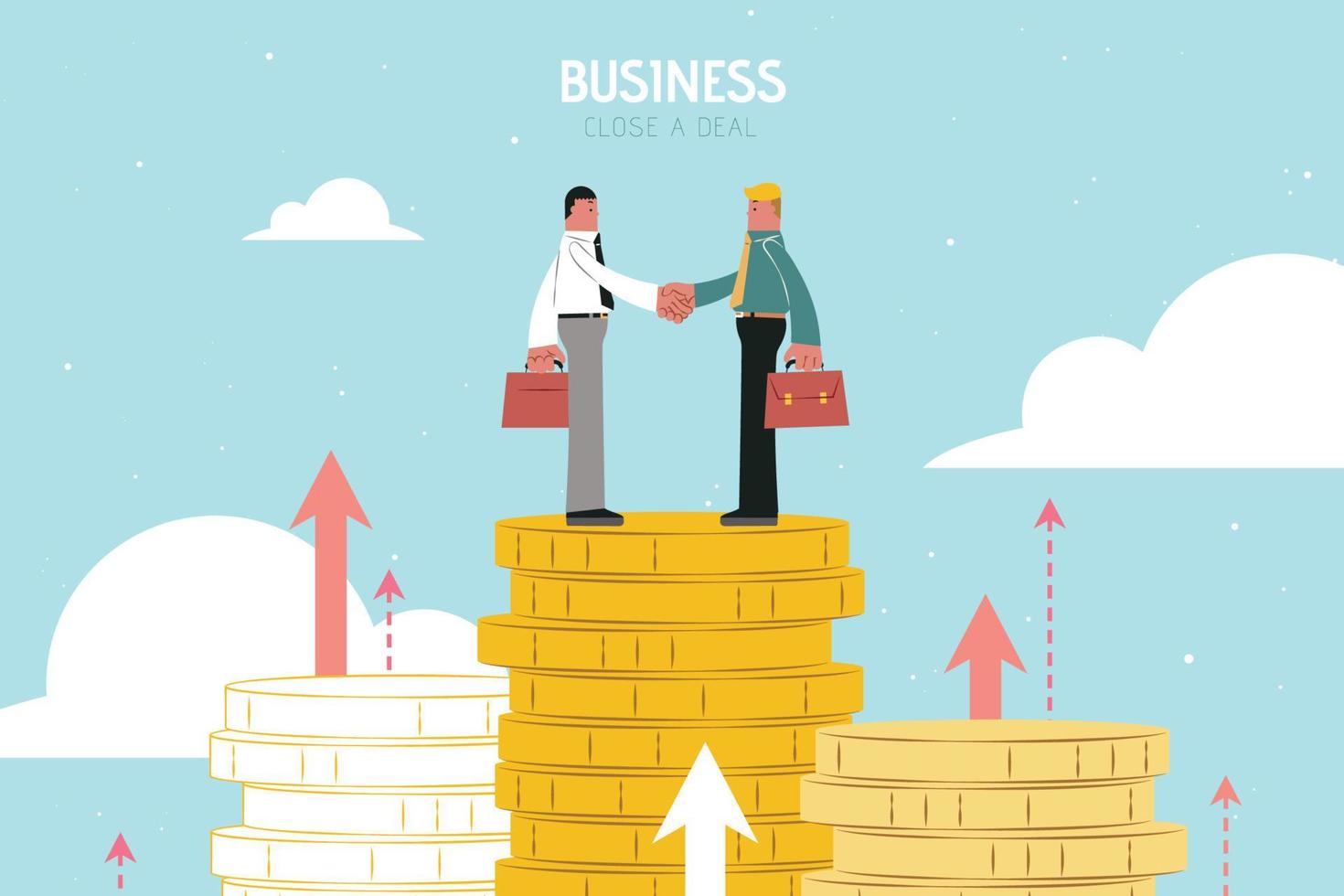 Businessmen shaking hands on piles of golden coins upon the blue sky, Close a deal concept flat design vector