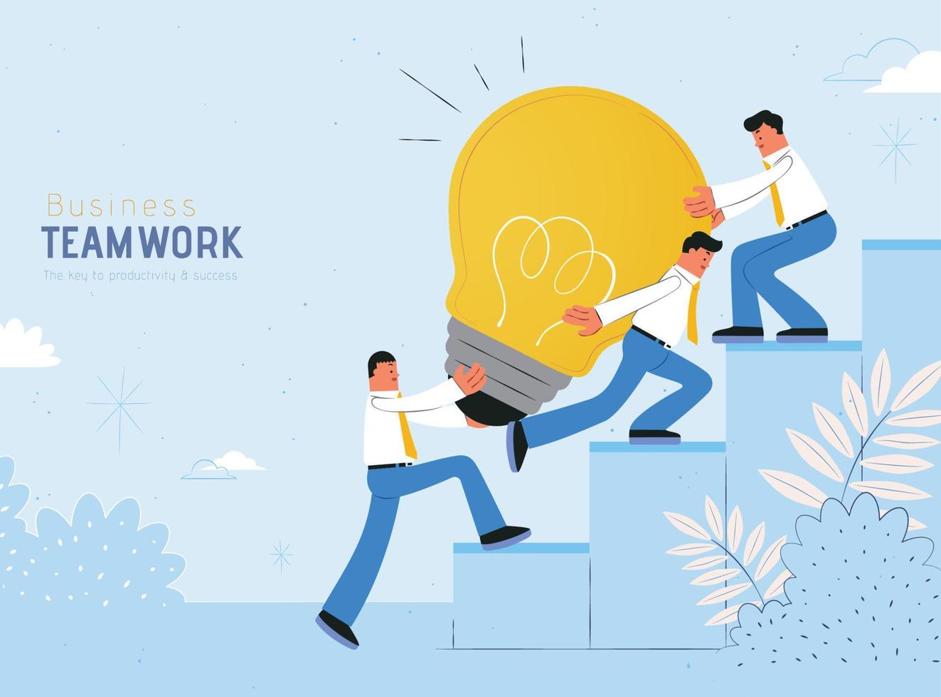 Teamwork concept flat design with businessman carrying giant light bulb up to the stairs, blue background vector