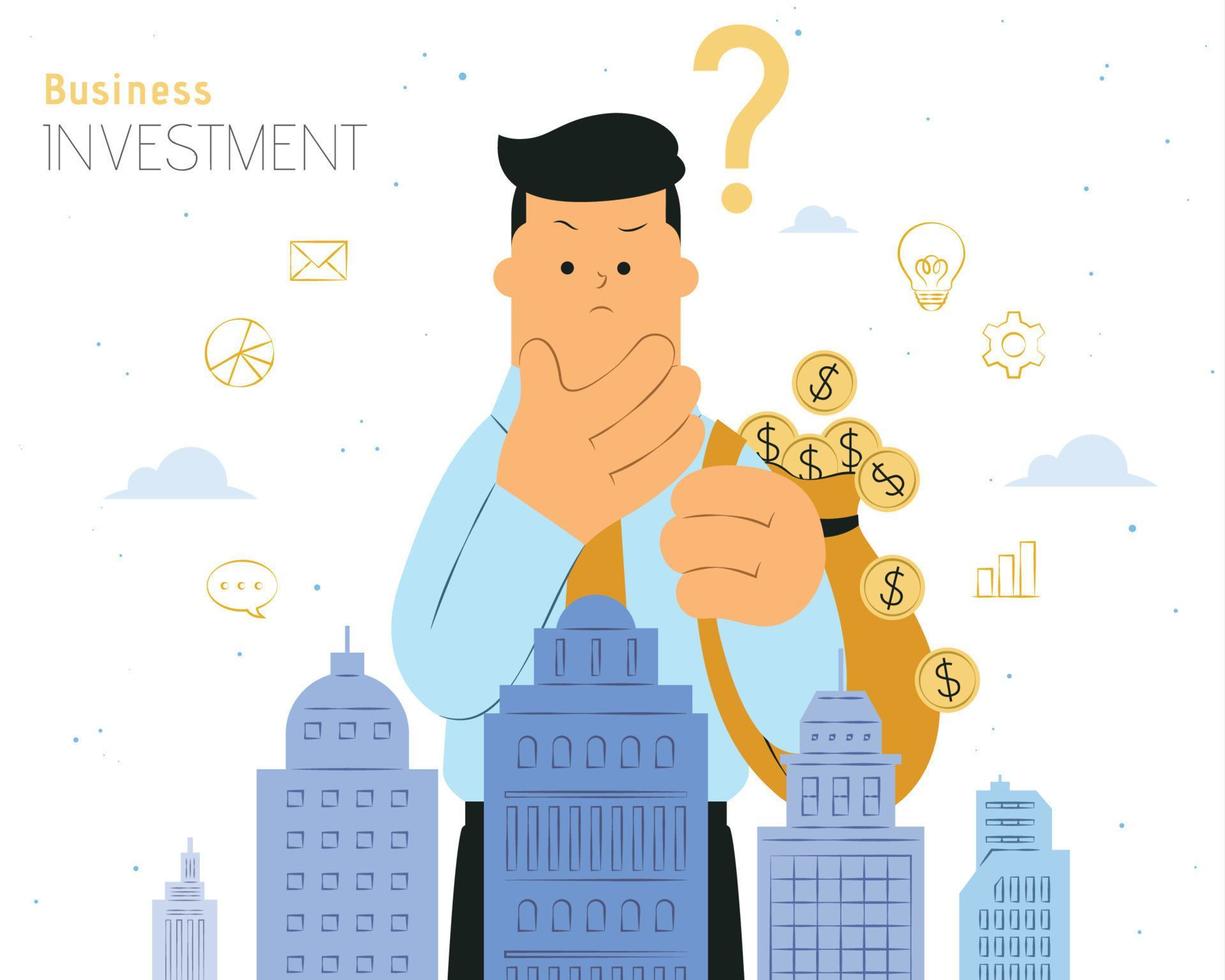 Man carrying a bag of money and considering investment options, Make Investing Decisions concept flat design vector