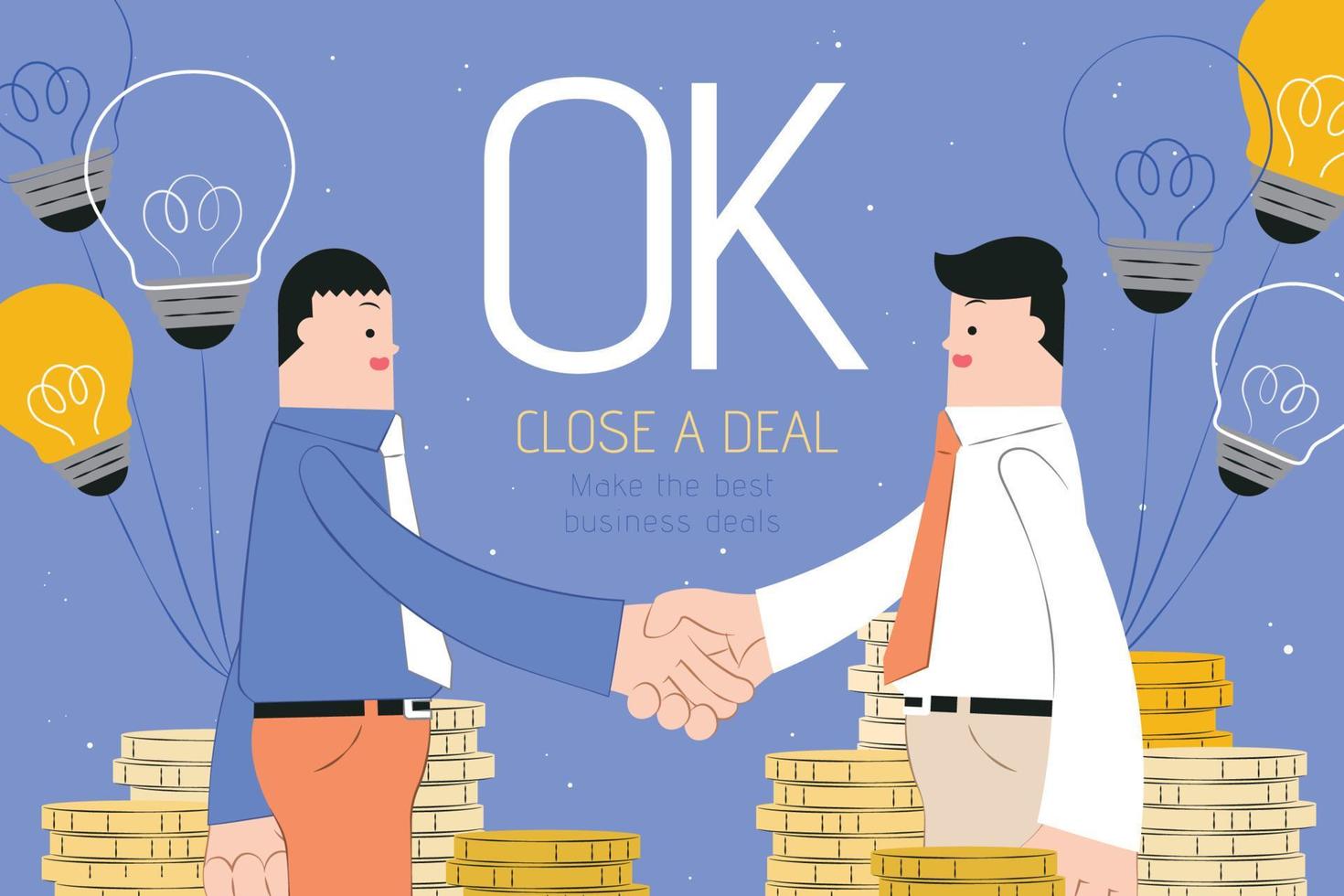 Businessmen shaking hands with smile and there're piles of golden coins around them, Close a deal concept flat design on purple background vector