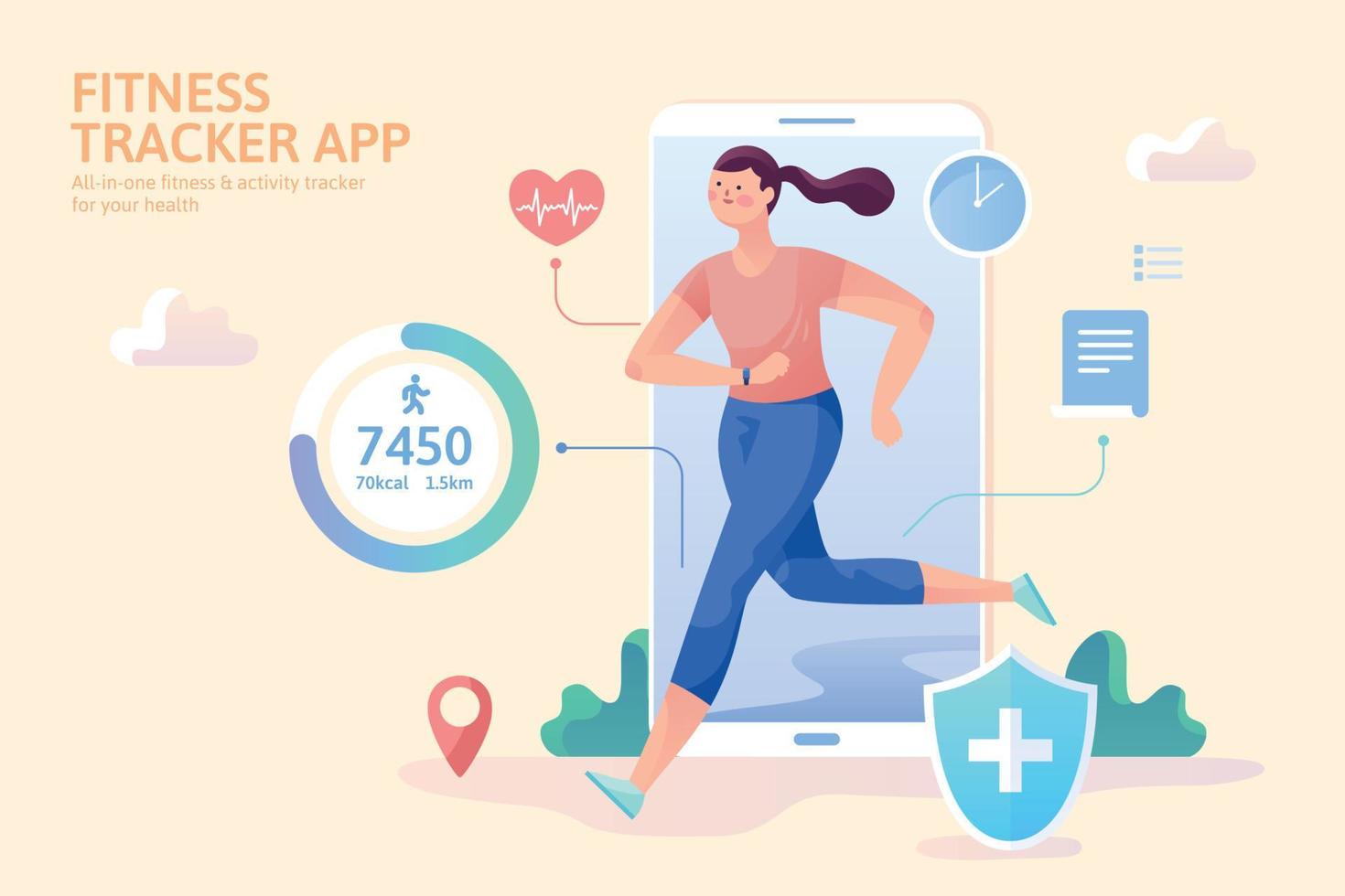 Female character can use smartphone app to track her own health and fitness information, in flat style design vector